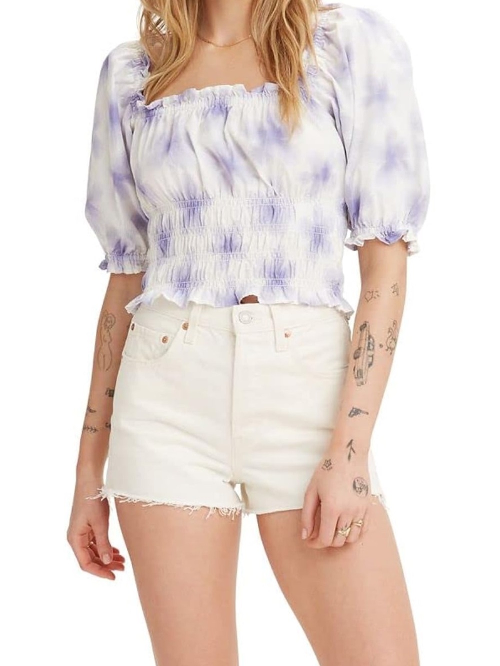 Levi's Tilly Smocked Blouse M Purple Starburst Tie Dye Puff Sleeve Crop